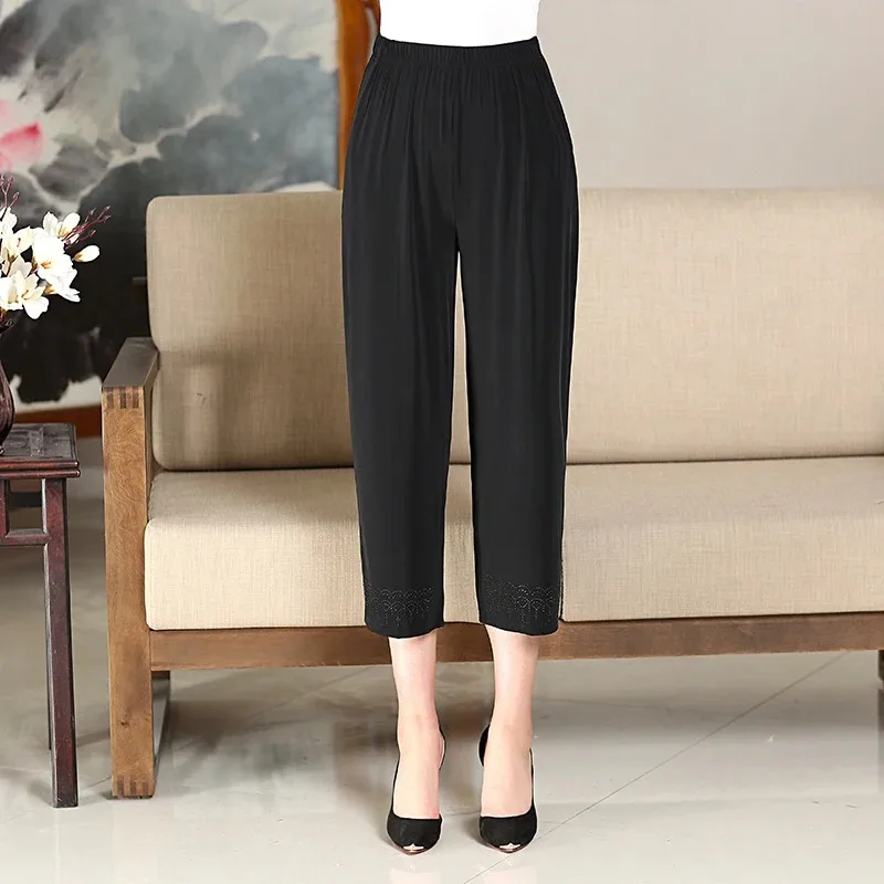 Elderly Women Elastic High Waist Lace Hem Cropped  Pants Summer Thin Loose Straight Leg Casual Mom Trousers