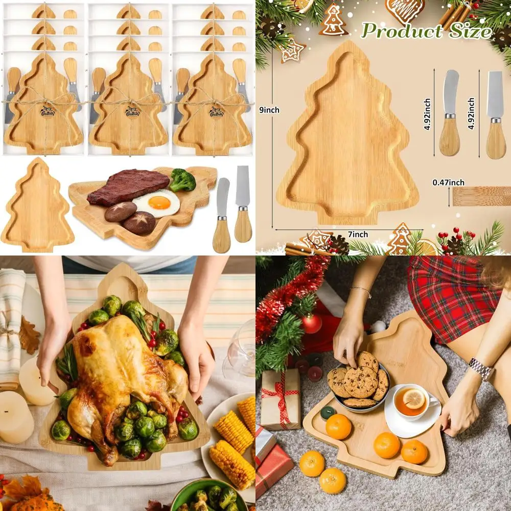 

Set of 12 Bamboo Christmas Tree Shaped Cutting Boards with Cheese Knives - Perfect for Holiday Parties and Kitchen Decor