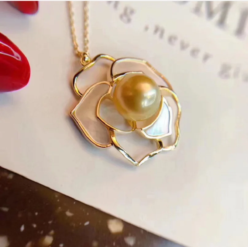 

Giant AAAA 11-10mm round Nanhai golden pearl pendant necklace 18" 925s