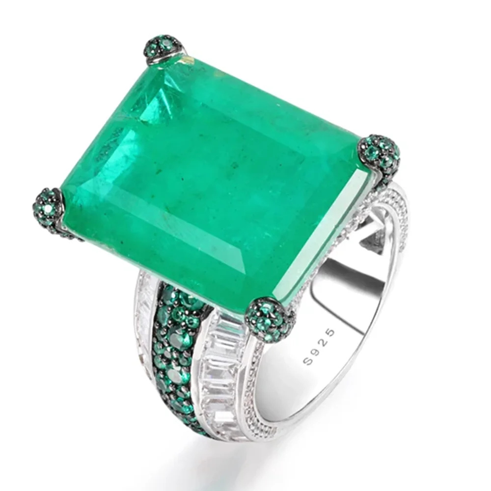 ARIGAYA High Craft 925 Sterling Silver With Green Zircon And Large Rectangle Created Emerald Gemstones Rings Luxury Fine Jewelry