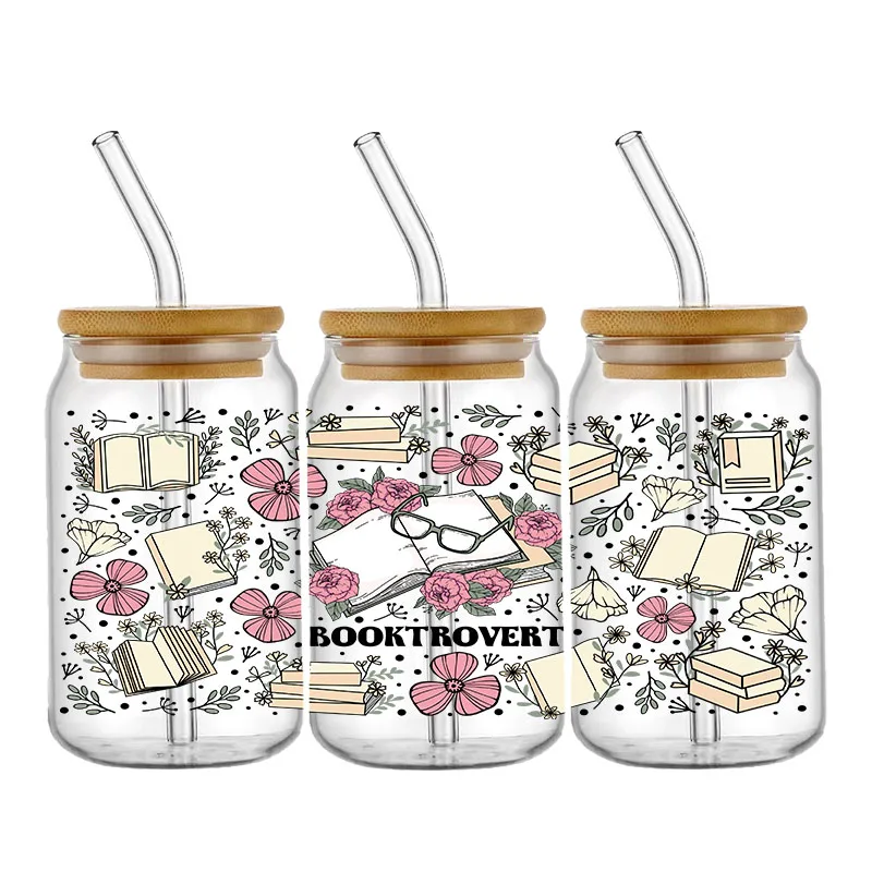 Mininstants-Autocollant de transfert pour bouteille en verre étiez bey Can, enveloppes de tasse, auto-adhésif, lavable, bricolage personnalisé, ours rose, 16oz, UV, DTF