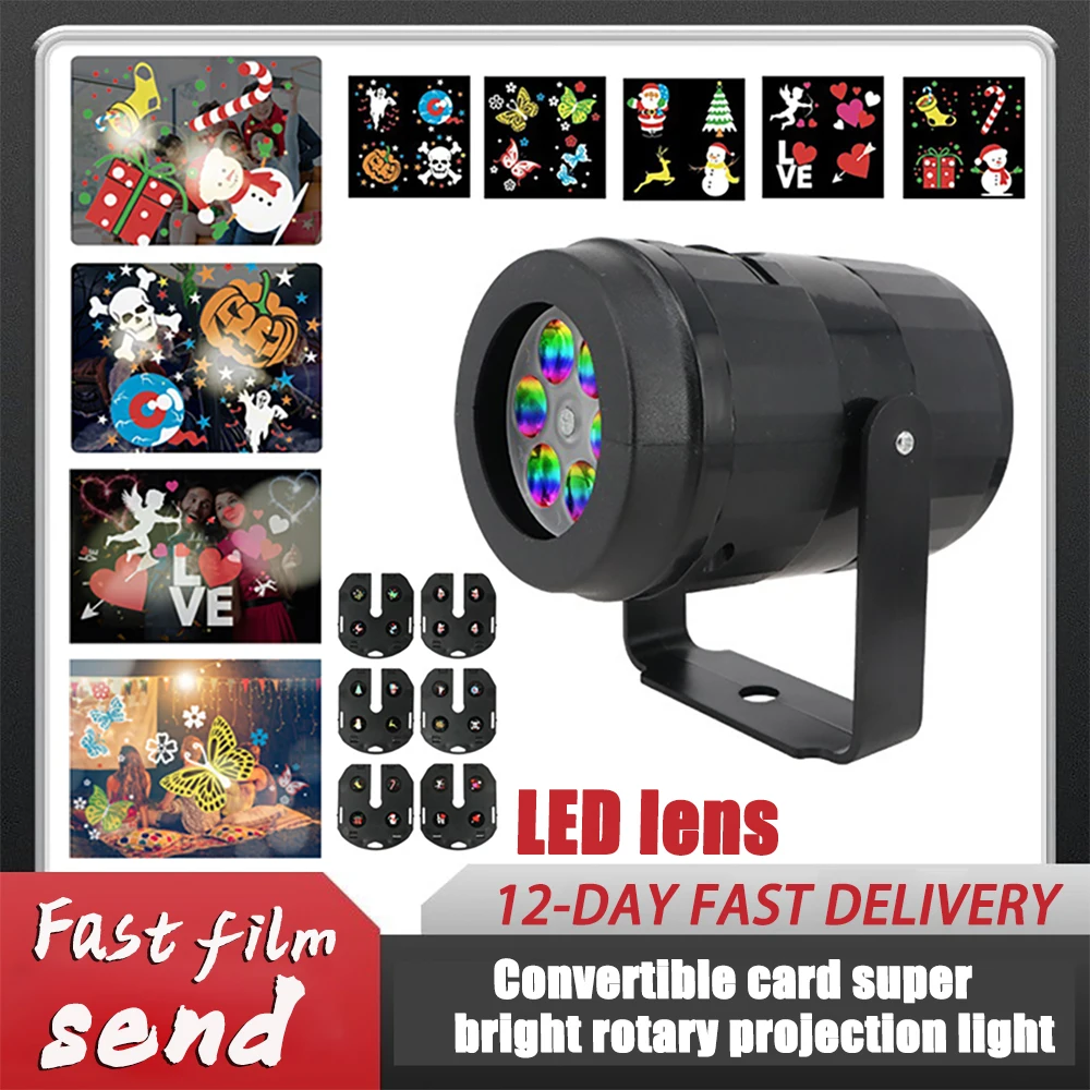 

2024 Новый сценический светодиодный светильник, Рождественская проекционная лампа, 6 кинокарт, вращающийся красочный проектор с праздничными узорами, огни настроения на Хэллоуин