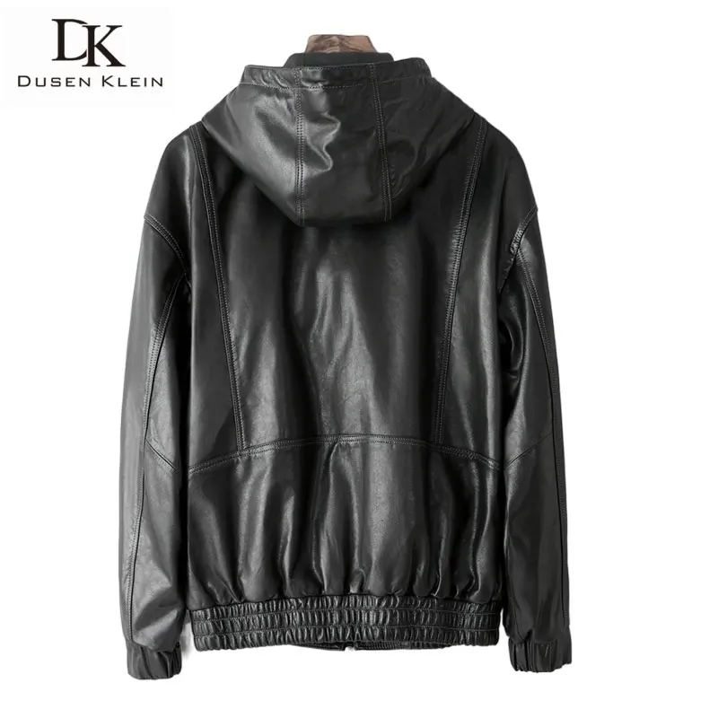 Dusen Klein Men Genuine Leather Jacket Sheepskin Hooded Coat Slim/Casual/Black  Y-S2304