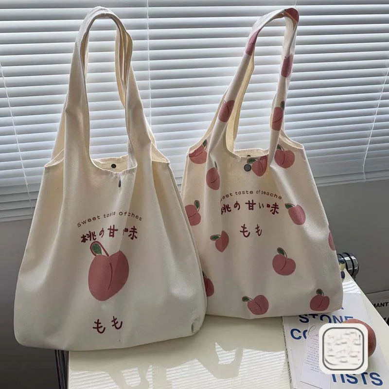 Peach Canvas Tote Bag Purses and Handbags for Women Shopper Cute Designer Shoulder Bag Japanese Kawaii Style Print Eco Bag