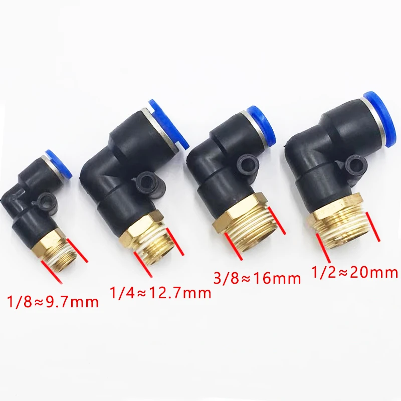 Pneumatic Air Connector Mangueira, Quick Connector, Trachea Cotovelo, PL 4, 6, 8, 10, 12mm Rosca, 1/8 pol, 1/4 pol, 3/8 pol, 1/2 pol, 20 PCs, 50