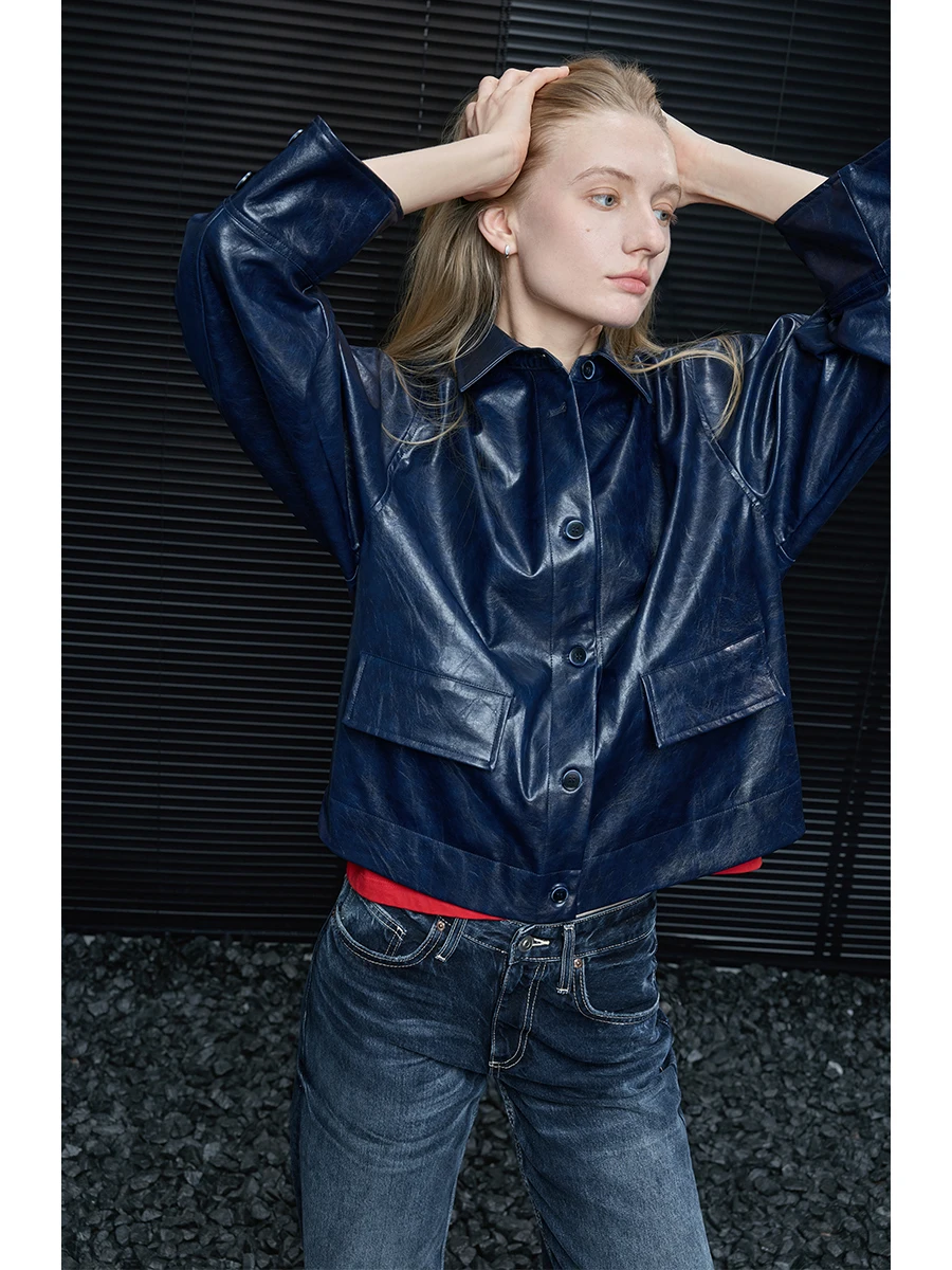 

Уникальная женская кожаная куртка-жакет с воротником-стойкой для работы, новая коллекция ранней весны, стильная уличная модель из искусственной кожи, длинный рукав