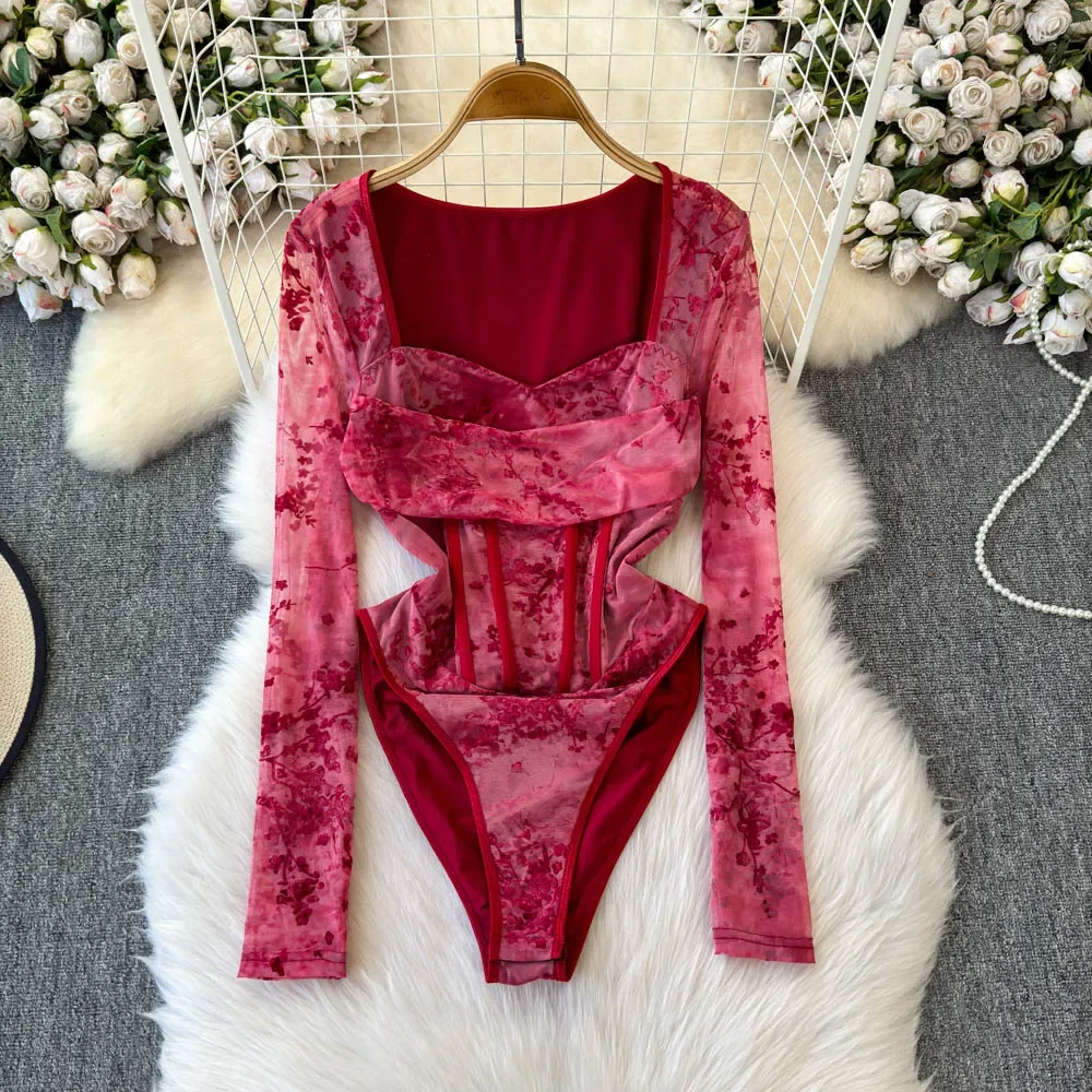 Hotsweet Square Collar Elegant Long Sleeves Vintage Smudging Mesh Print Chic Bodysuits Top French High Street Summer Jumpsuit