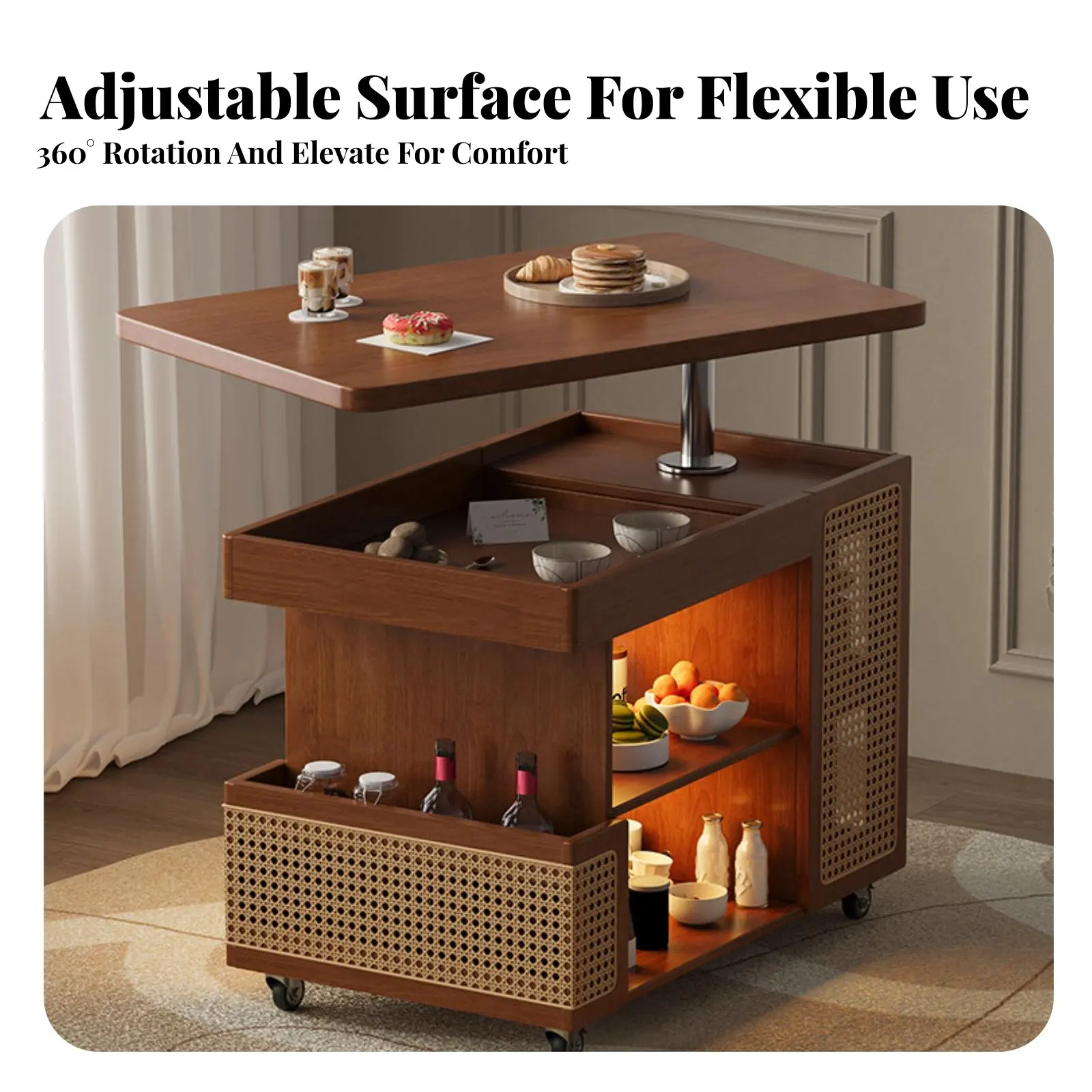 Adjustable Curved Design D End Table With Wheels Serving Trolley Mobile Design Versatile for Distant Workers, Homeowners view 4