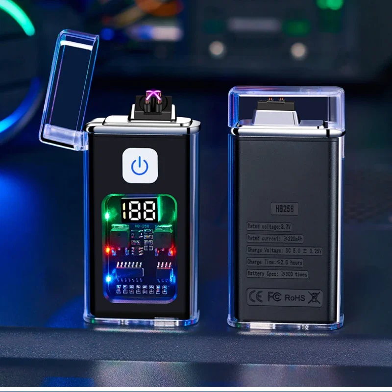 Transparent shell double arc lighter, digital power display ignition count cigarette lighter Type-C charging interface lighter