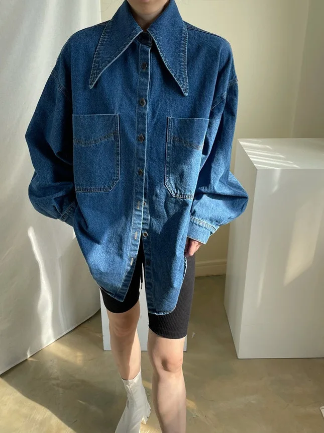 

Chic Pointed Collar Denim irt Women's Autumn Faion Loose Single Buttoned Top Hong Kong Sle Long Sve Polyester Fiber