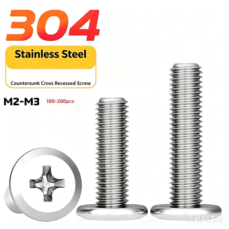 Acid Resistant 304SS Bevel Countersunk Screws, Chamfer Cross Flat Head Fasteners M2 M3 For Corrosive Environment 100-200Pcs