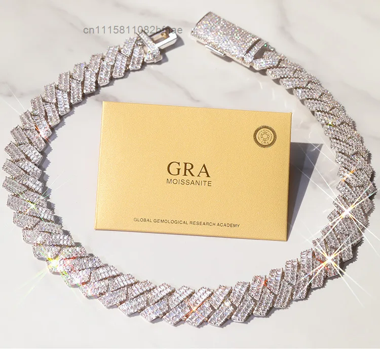 20mm VVS Moissanite Cuban Link Chain Necklace Custom Iced Baguette Straight Line Cuban Chain Hip Hop 925 Silver Jewelry，