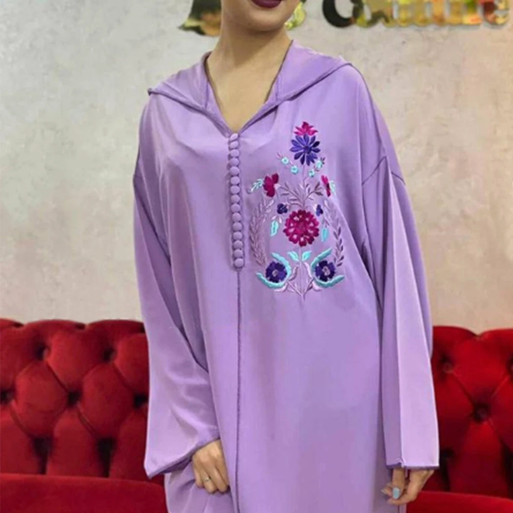 Imagem -05 - Vestido Kaftan Marroquino com Capuz Feminino Jellaba Bordado Hijab Floral Dubai Elegantes Vestidos Longos Moda Verão 2023