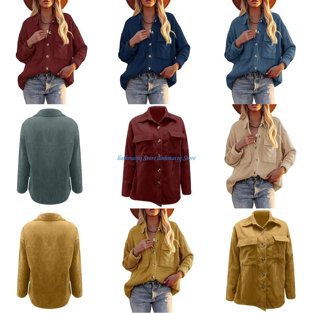 

573B Women's Corduroy Shirt, Long Sleeve, Button-Down, Casual, Loose-Fitting, Stylish Top/Coat