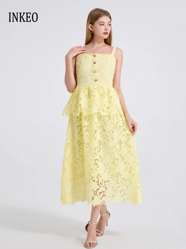 

Evening Lace patchwork Midi dress Women's Hollow out 2025 Summer White Luxury Sleeveless Tank Dresses Beach Pink INKEO 5D200