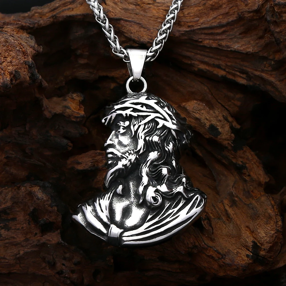 Classic Jesus Pendant Necklace Stainless Steel Crown Of Thorns Figure Carving For Men Christian Amulet Faith Daily Decor Jewelry