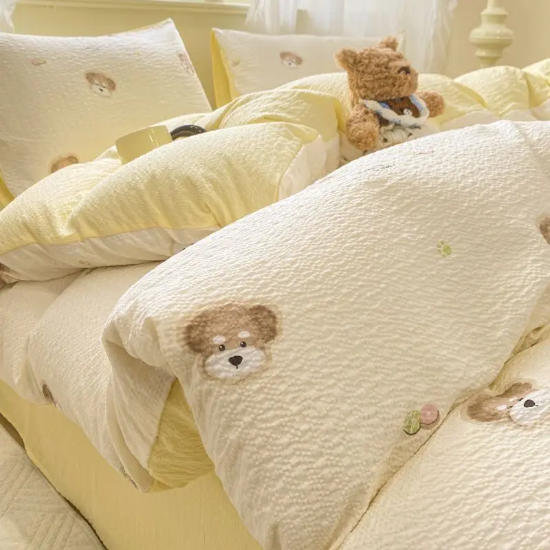 A-Class Puff Double-Layer Yarn 4-Piece Bedding Set - Breathable All-Season Dorm/Washable Cotton Soft & Comfortable