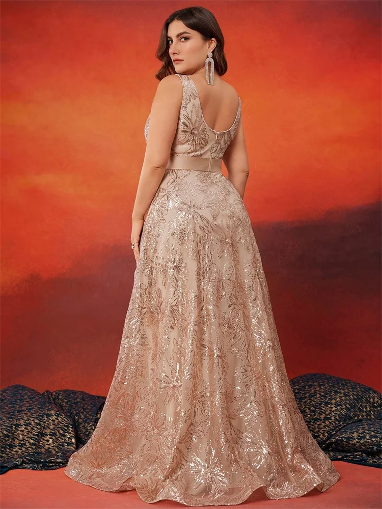 PLUS ขนาดหรูหราลึก V คอเลื่อมทองชุดราตรี A-Line 2025 ผู้หญิง Elegant V-Back งานแต่งงานชุดราตรียาวค็อกเทลชุด