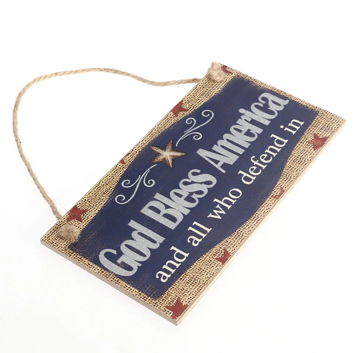 

Fourth of July Party Patriotic Wooden Hanging Sign Metal Stars Jute Rope Wall Window Decoration