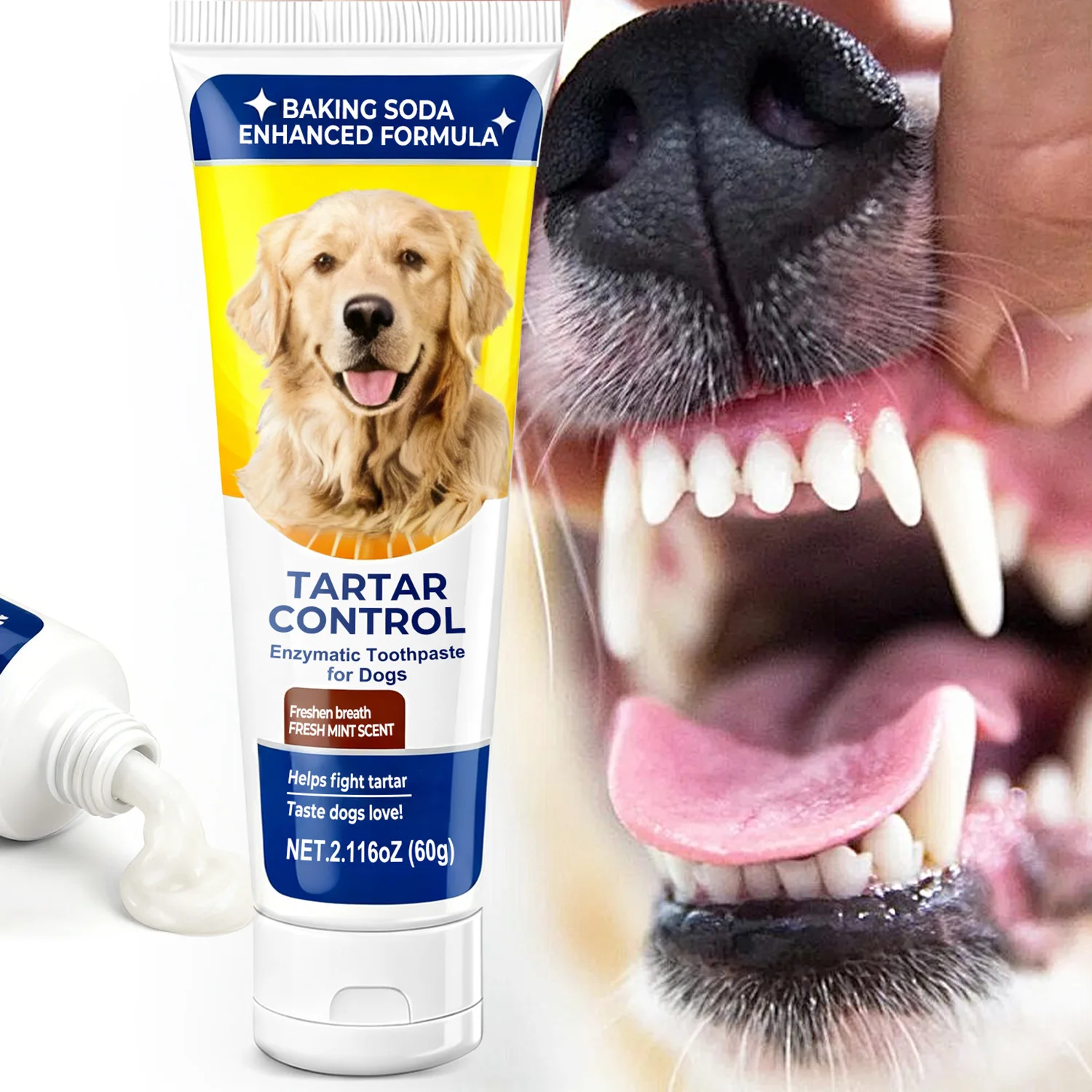 Pasta de dientes enzimática con fórmula fortificada y refrescos para hornear, ayuda a los perros que se refresca el aliento, controlar el sarro y calma las encías 60g