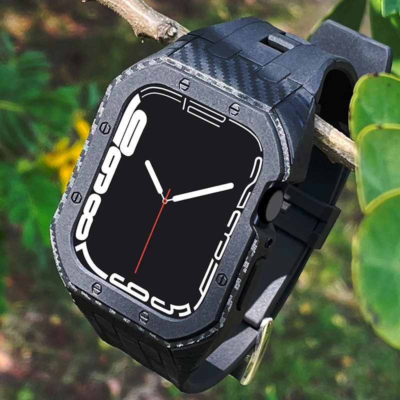 Mod Kit Carbon Fiber Pattern AP Style Case for Apple Watch Band 8 7 45mm 6 5 4 Silicone Strap Watchband PC Cover Rubber Bracelet