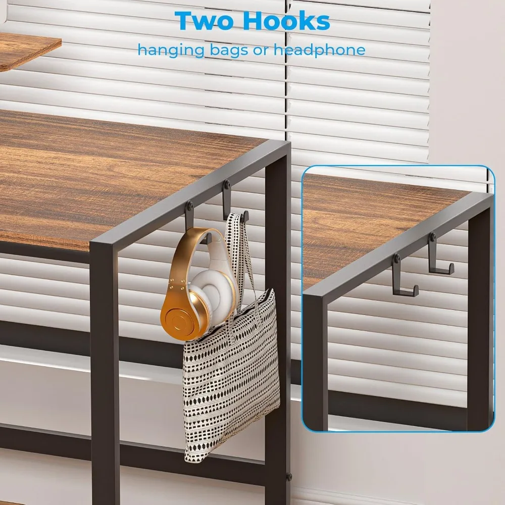 58-Inch Large Office Desk with Printer Shelf, Reversible Workstation, Monitor Stand and Hooks for Home Use