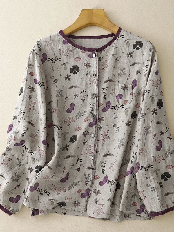 

High-End Large Size Women's T-irt Artistic Commute Print Design Cotton Long Sve round Ne irt Casual Floral Pattern