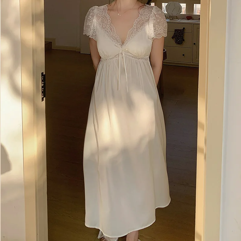 French Nightgown for Women Femme Summer Satin Short Sleeve Sexy with Chest Cushion Nighty Dress Home Wear Princess Pajamas