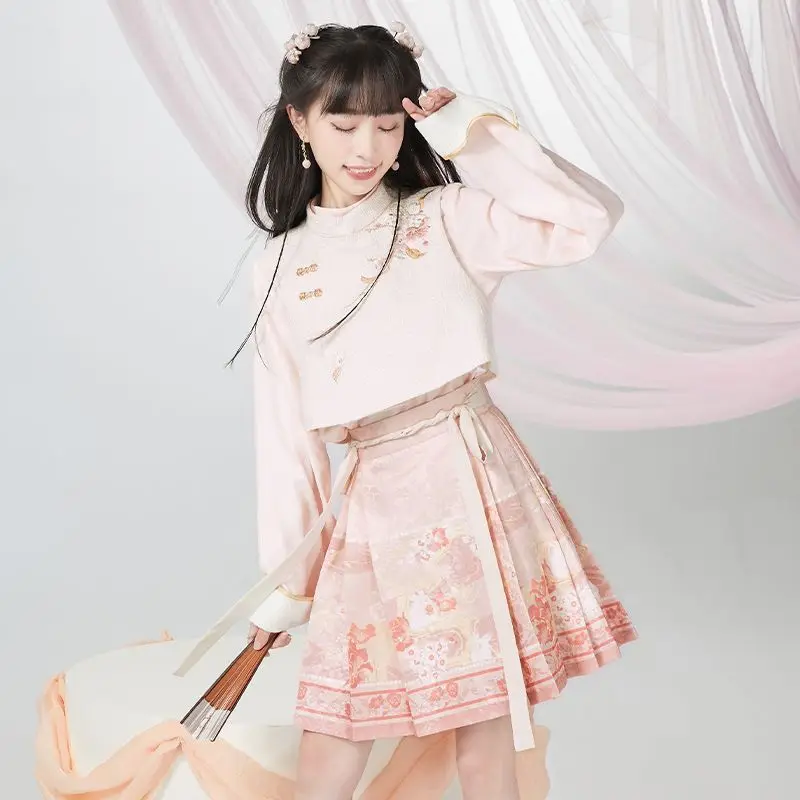 New Sweet Cute Retro New Chinese Style Modified Tie Han Elements Horse Face Skirt Short Women Tangsuits Ming Hanfu Set