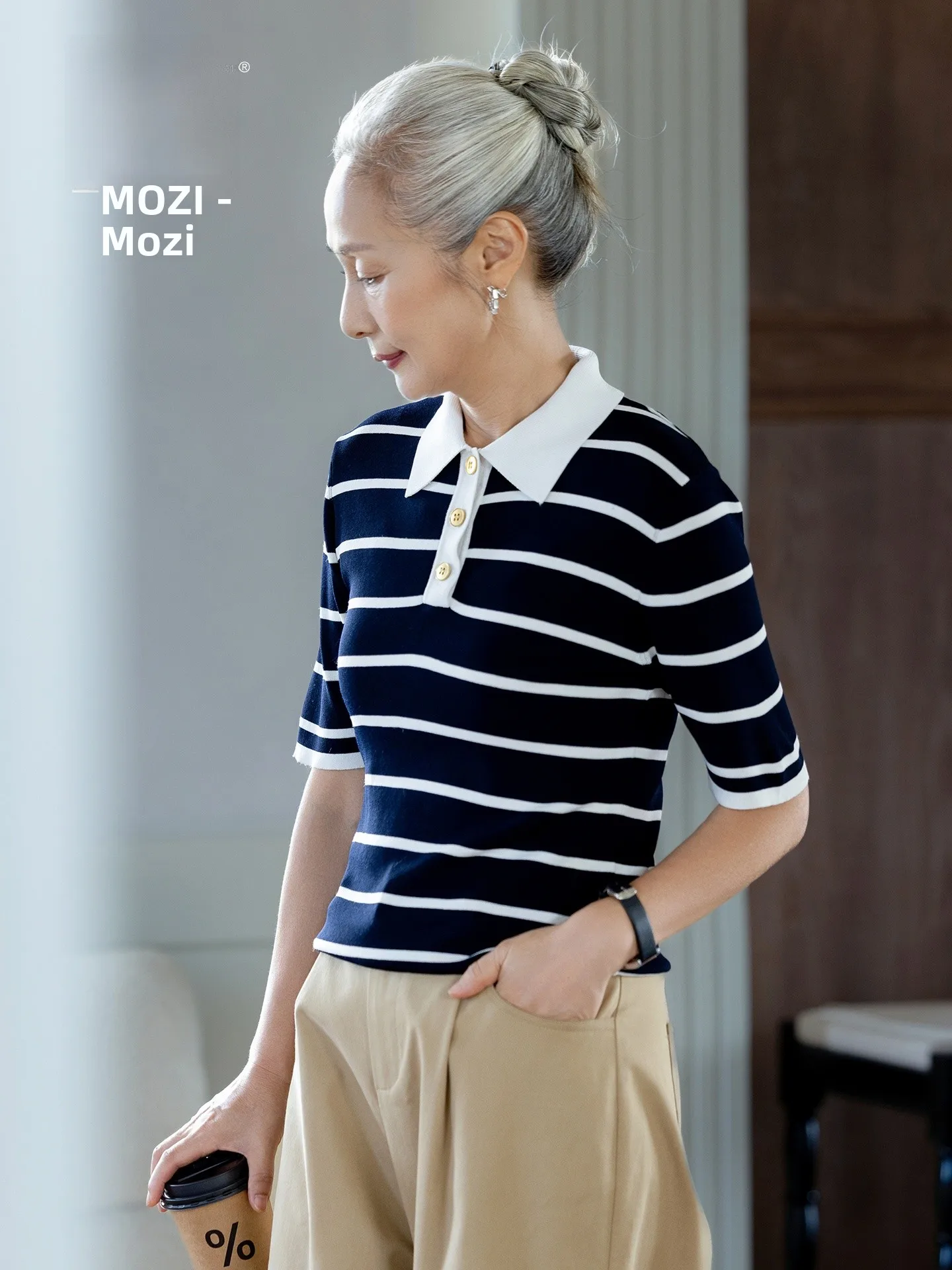

Muzhi Midlife Women's Summer Short Sleeve Striped Knitted T-Shirt Thin Casual Style Standard Size Loose Fit Button up Top