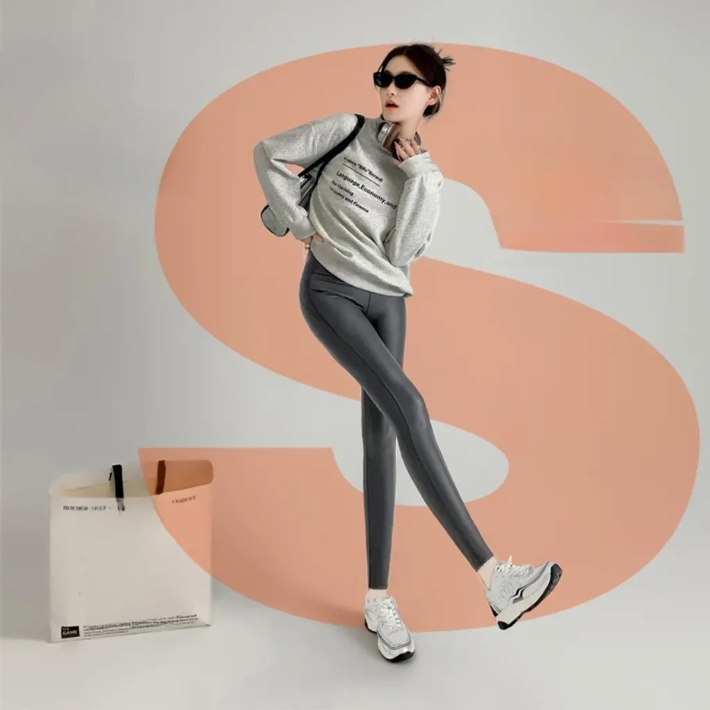 Damskie spodnie skórzane wyszczuplające z wysokim stanem, ocieplane polarem, cienkie legginsy, obcisłe, elastyczne, do noszenia na zewnątrz lub jako warstwa bazowa na jesień i zimę.