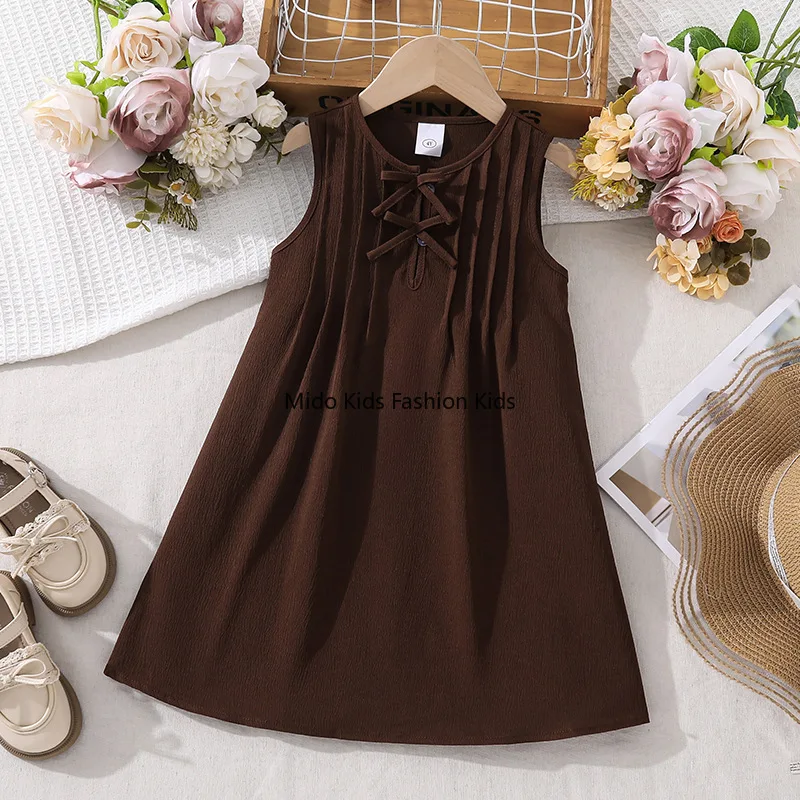 

Детское повседневное платье без рукавов с плиссировкой, однотонное, для девочек, весна-лето 2026, модная детская одежда для роста 100-130 см