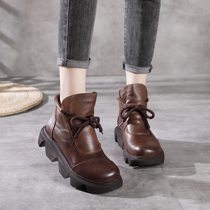 

Ladies Lace Up Thick Heel Platform Boots Women Round Toe Winter Genuine Leather Ankle Boots