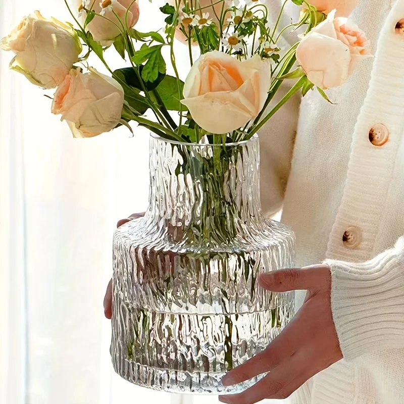 Florero de vidrio texturizado glaciar hecho a mano, calibre de 8 cm/3,15 pulgadas para flores de boca ancha para decorar salas de estar y mesas de comedor