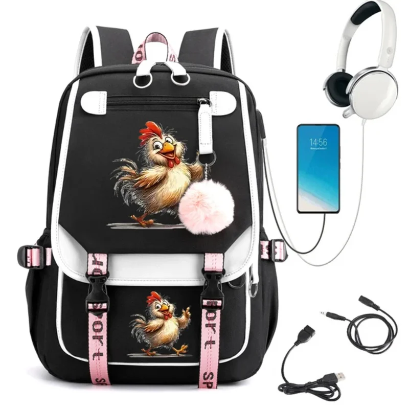 Tas ransel Sekolah ayam remaja perempuan, tas punggung pelajar Anime kartun, Mochila pengisi daya Usb