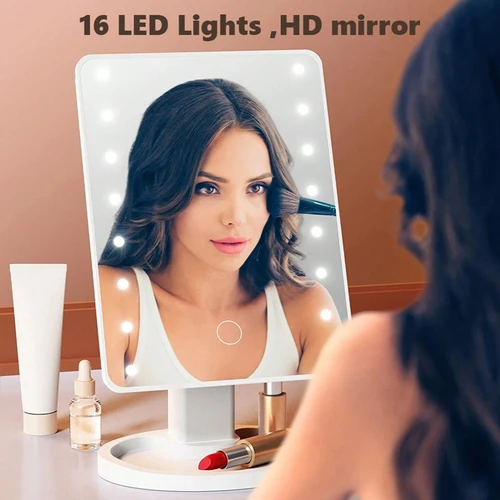Imagen 2 del producto Espejo de tocador con 16 luces LED y base de almacenamiento - 360 ° Espejo de maquillaje de escritorio giratorio sensible al tacto (iluminación regulable)