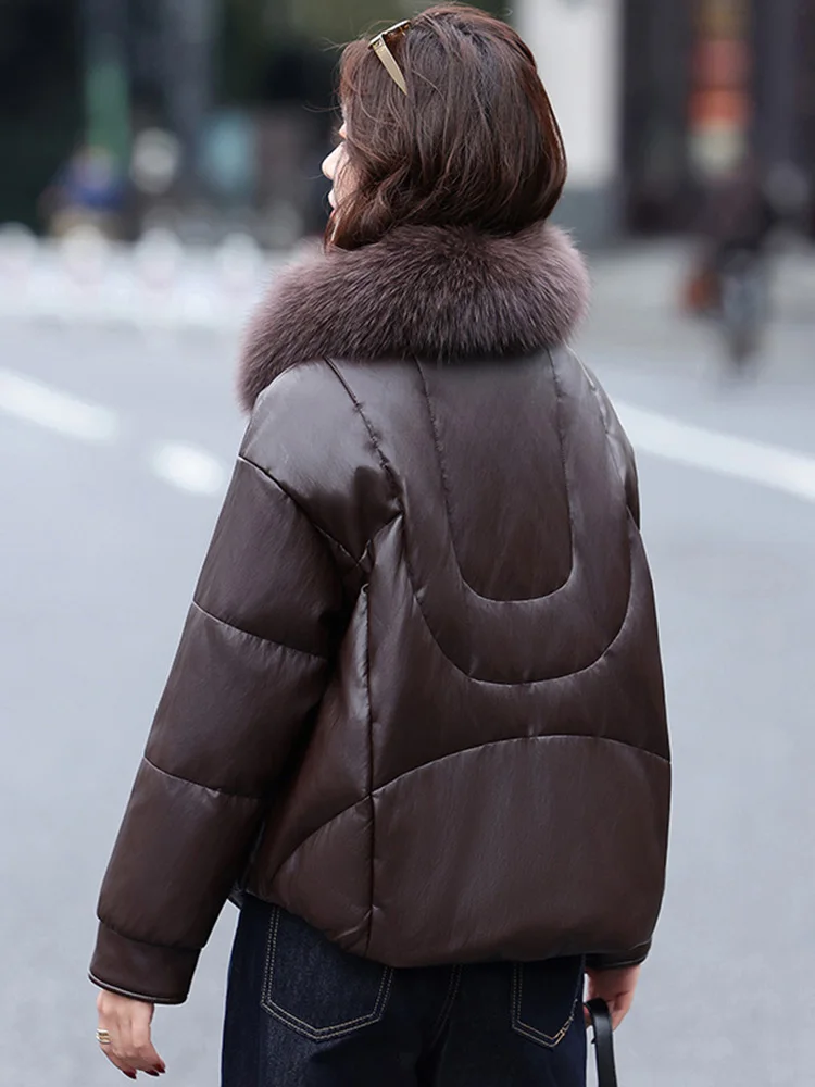 Neue Frauen Fuchs Pelz Kragen Split Leder Unten Jacke Winter Mode drehen-unten Kragen Lose Taille Kurze Unten Mantel lässig Warme Mantel