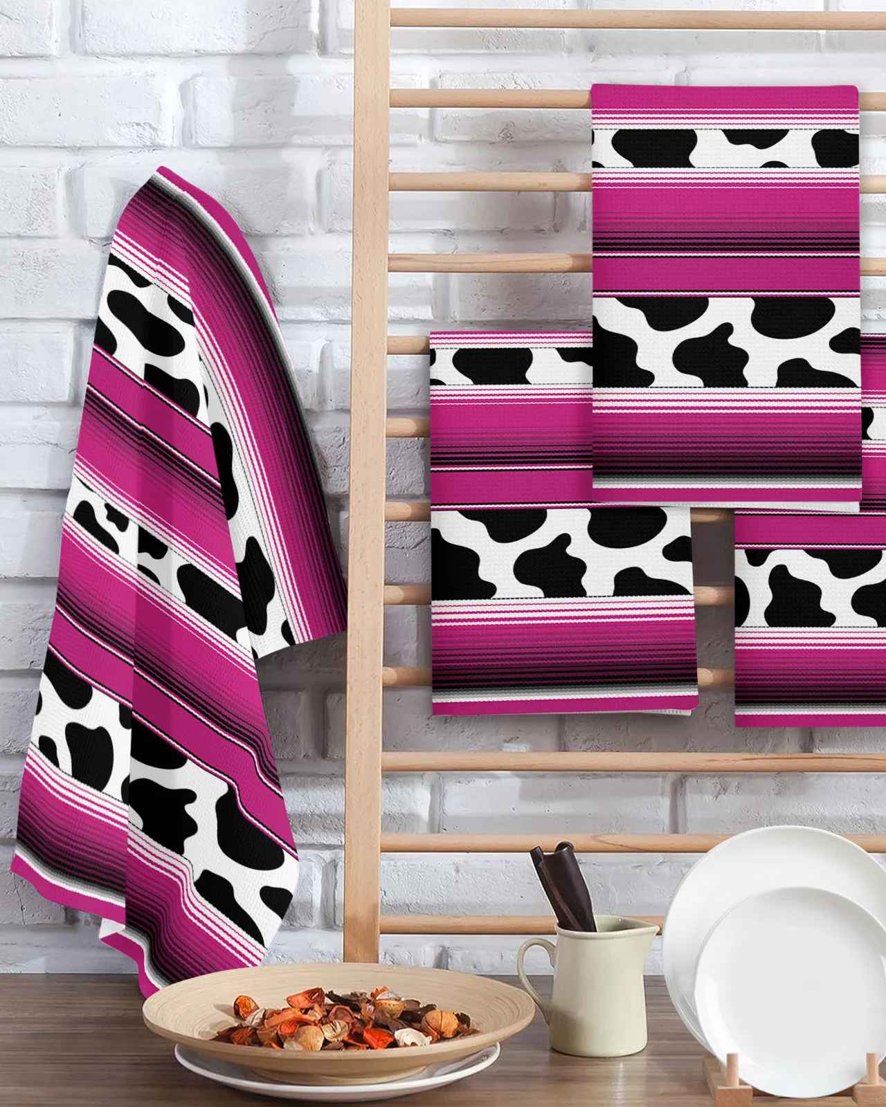 Cow Pattern Stripes Rose Red 2/3/4PCS Absorbent Rag Kitchen Cleaning Cloth Dish Towels Waffle Microfiber Wipe Duster