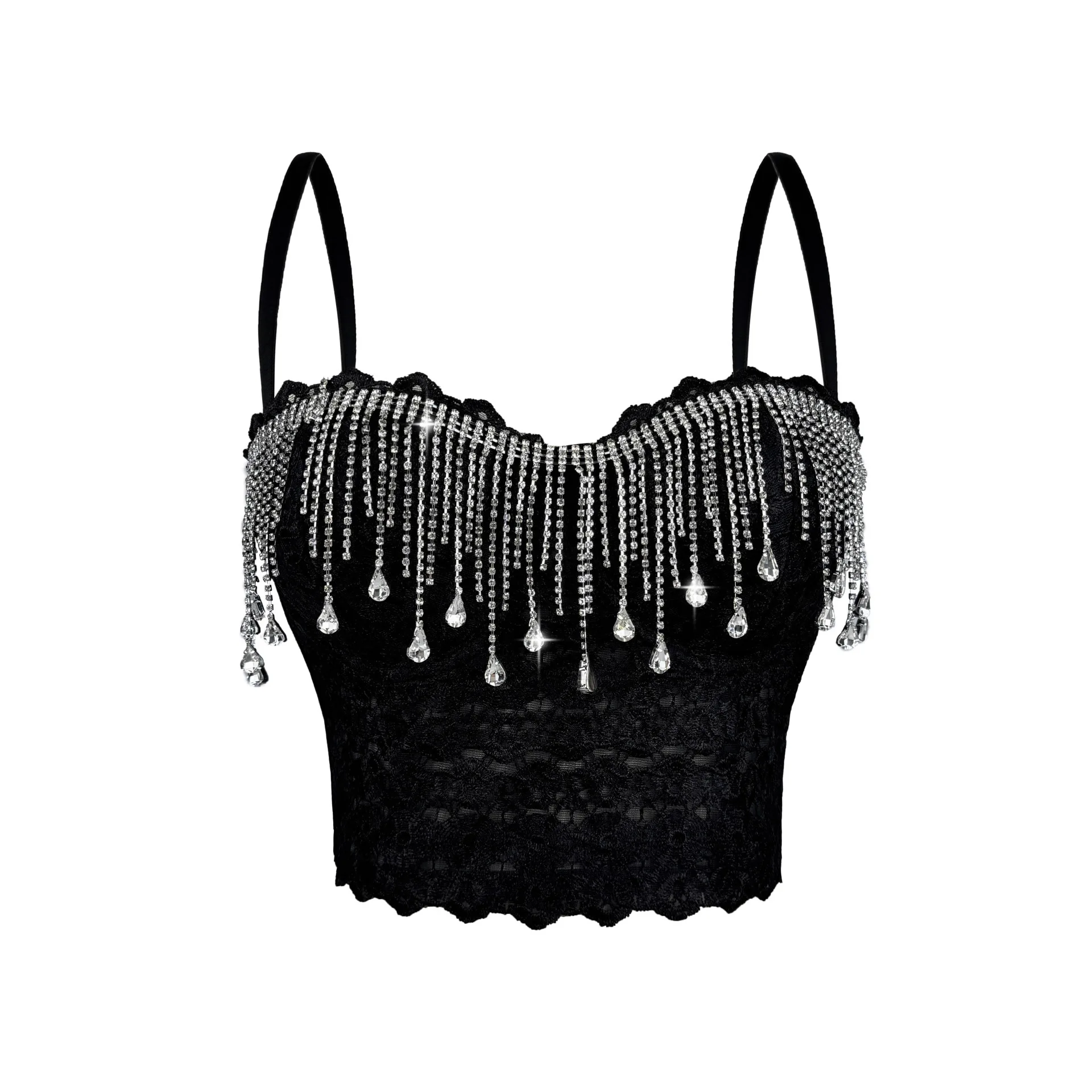 

Sexy Fishbone Corset Top with Fringe Rhinestone Chains, Sparkling Diamond Bustier Camisole for Women, Y2K Clubwear Lace Bra