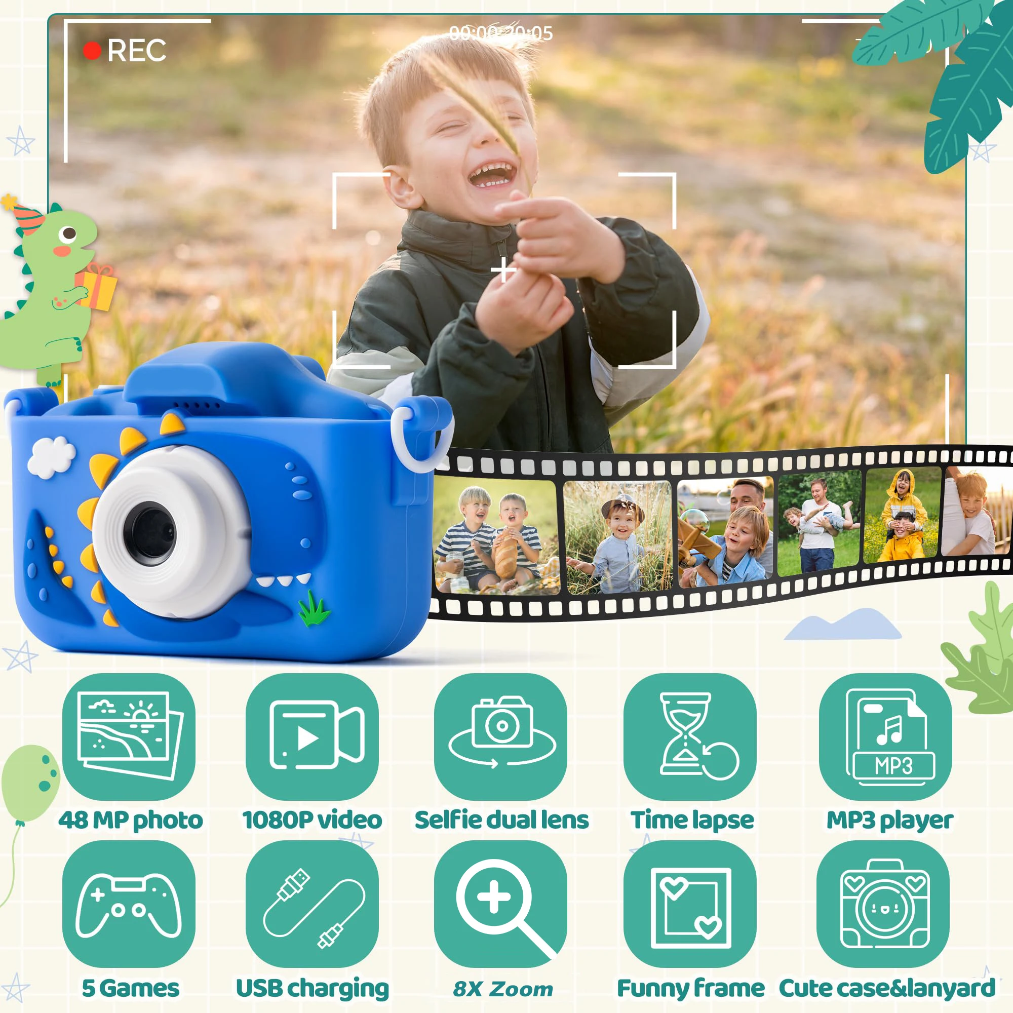 Câmera infantil, câmera dupla, 1080P HD, 48MP com gravação de vídeo Presente de aniversário perfeito para crianças Ideal Natal, Halloween ou Bir