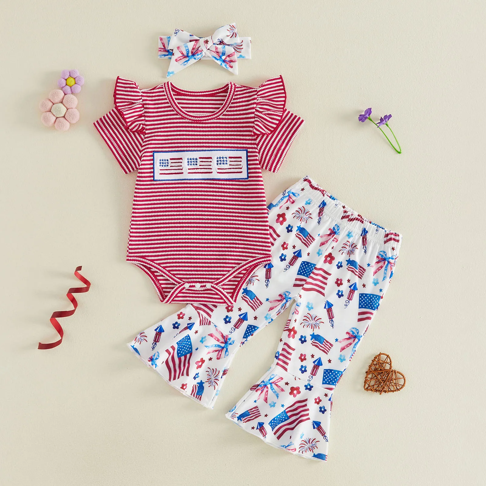 Baby Girls 4th of July Sets Flying Sleeve Flag Embroidery Striped Romper Flared Pants Headband Outfits