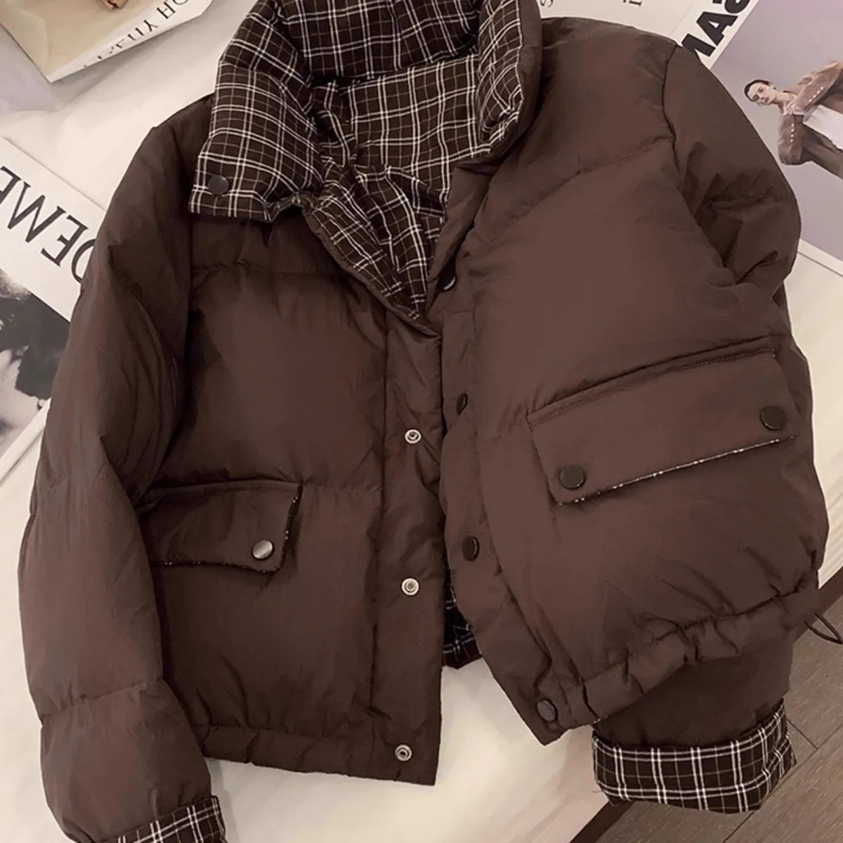Vintage Cotton Jacket Women New Winter Corduroy Checkered Stand-Up Collar Thicken Cotton Coat Warm Casual Lazy Outerwear Parkas