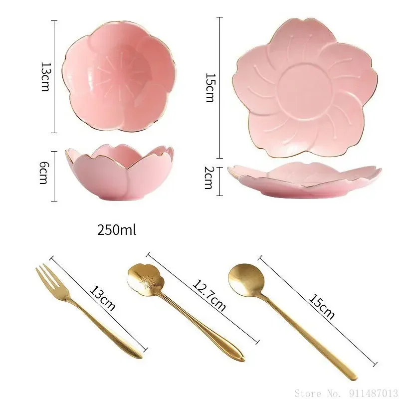 Japanese Porcelain, Gilt Edged Cherry Blossom Dessert Bowl Plate Set Spoon Fork, Creative, Fruit Ice Cream Sugar Water Container