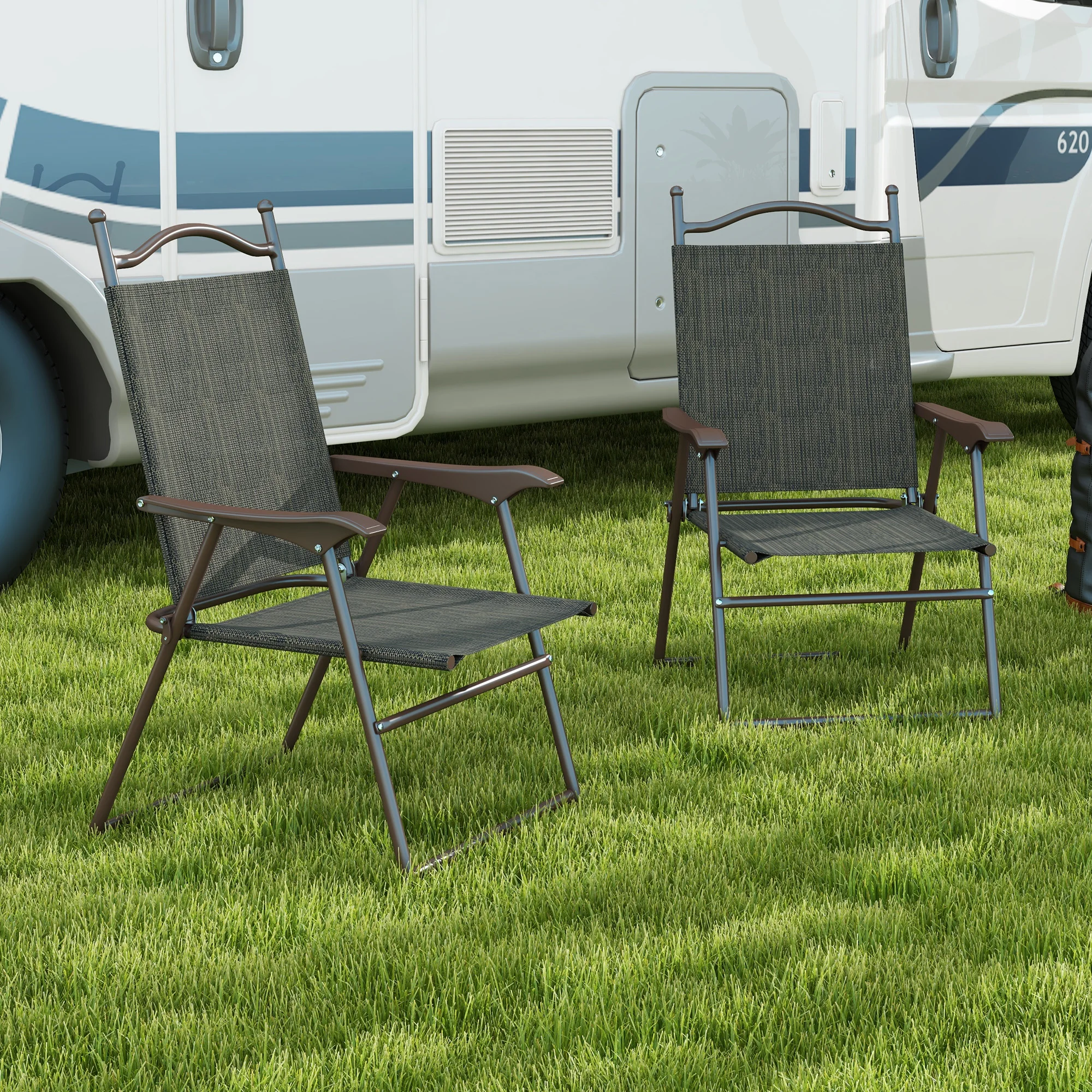 Outsunny Folding Chairs Set, Breathable Mesh Fabric Seat, Dark Brown