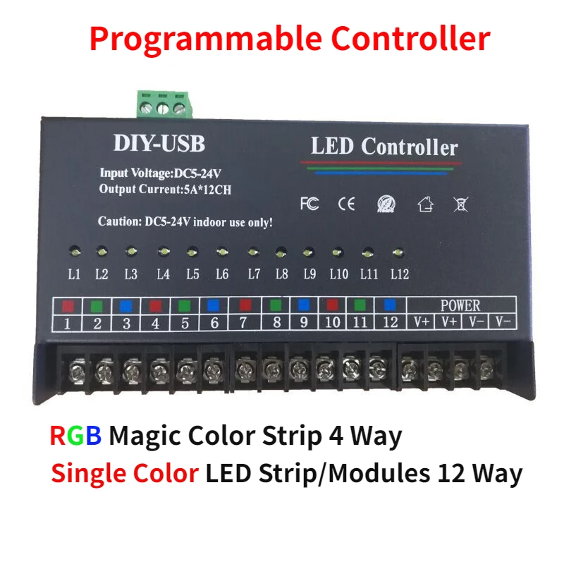 LED Light Programmable Controller USB DIY Dimmer 60A For Single Color LED Strip/Modules 12 Way or RGB Magic Color Strip 4 Way