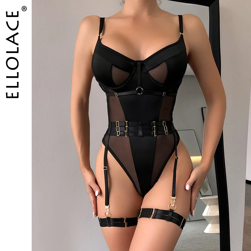 Ellolace-Body Sexy de encaje sin costuras, top de malla transparente, Sissy Teddy, Body sin espalda con liguero, traje ajustado de una pieza