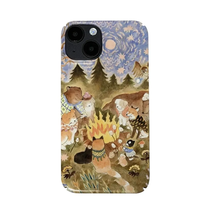 Ins Korean Animal Bonfire Party Graffiti Art Cartoon Picnic Cat Case for IPhone 16 15 14 13 Pro Max 12 Pro 16 Plus Matte Cover