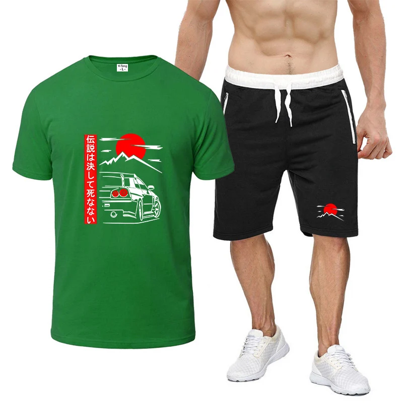 

Japanese Style Car JDM Culture GTR Racing 2025 Summer Men's New Nine-color Short-sleeved Set T-shirt+ Sports Pants Thin Suit