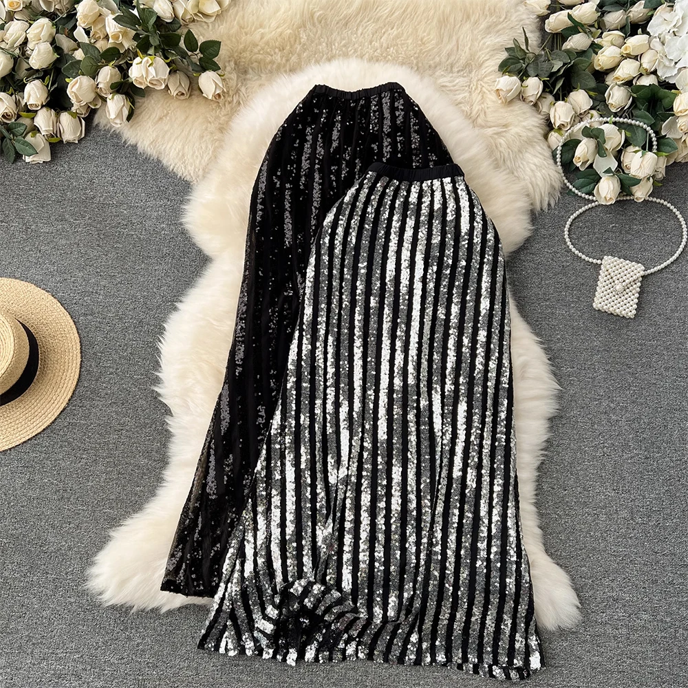 

Новая блестящая длинная юбка с блестками для женщин, летняя осенняя уличная одежда, юбка трапециевидной формы, женские шикарные блестящие длинные макси-юбки