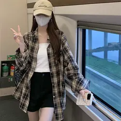 2024 autumn new retro checkered shirt women's jacket long sleeved thin cardigan top loose lazy style shirt